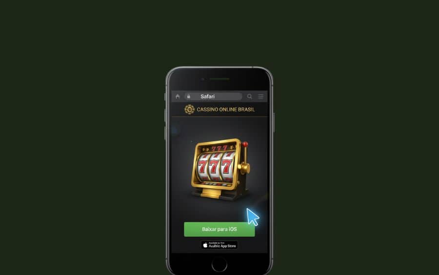 Celular de frente exibindo o navegador Safari aberto no site 'Cassino Online Brasil'. Um cursor de seta azul aponta para o botão 'Baixar para iOS', com o logotipo da App Store abaixo.