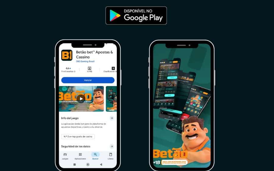 Imagem promocional do aplicativo Betão para Android, mostrando a página do app na Google Play Store com avaliação de 4.6 estrelas e o selo de 'N.º 2 em top grátis de casino'.