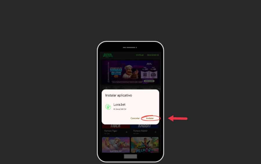 Janela de confirmação do sistema Android para instalar o aplicativo PWA da Luva Bet na tela inicial do celular.