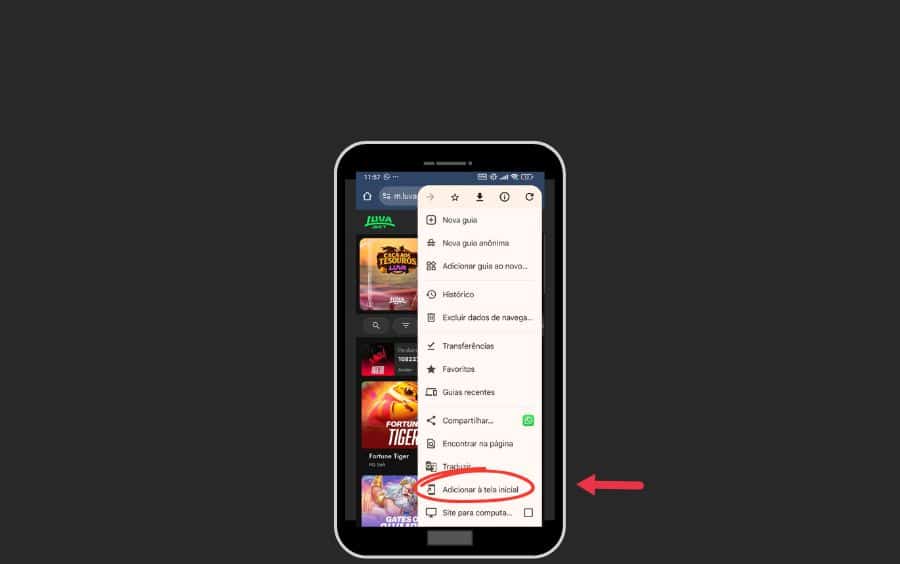Menu do navegador Google Chrome em um celular, com a opção "Adicionar à tela inicial" visível para criar um atalho.