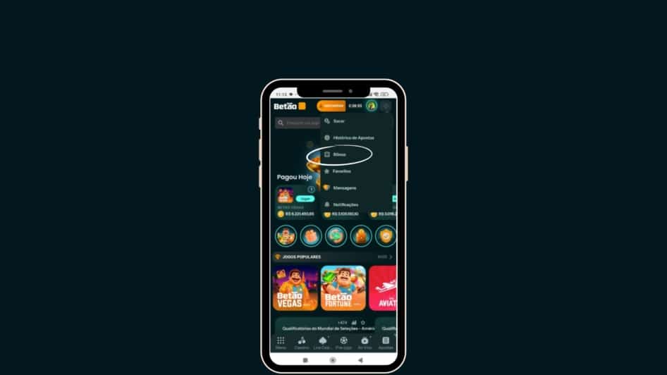 Tela inicial do aplicativo Betão Bet com um menu suspenso do perfil de usuário aberto, mostrando as opções de 'Depositar', 'Sacar', 'Histórico de Apostas', e 'Bônus' em destaque