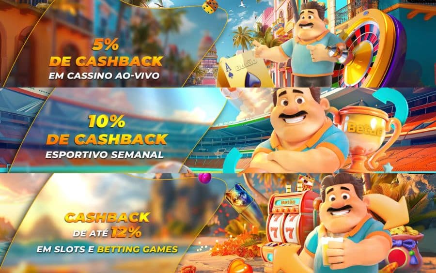 Banner do Bônus Betão Bet mostrando as três ofertas de cashback disponíveis: até 12% em Slots, 5% em Cassino Ao Vivo e 10% de reembolso em Esportes.
