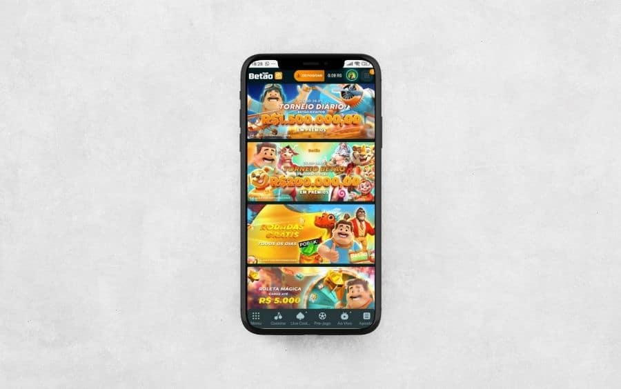 Captura de tela de um smartphone exibindo a seção de promoções do aplicativo Betão Bet, com vários banners de ofertas como 'Torneio Diário', 'Rodadas Grátis' e 'Cashback', destacando a variedade de bônus disponíveis.