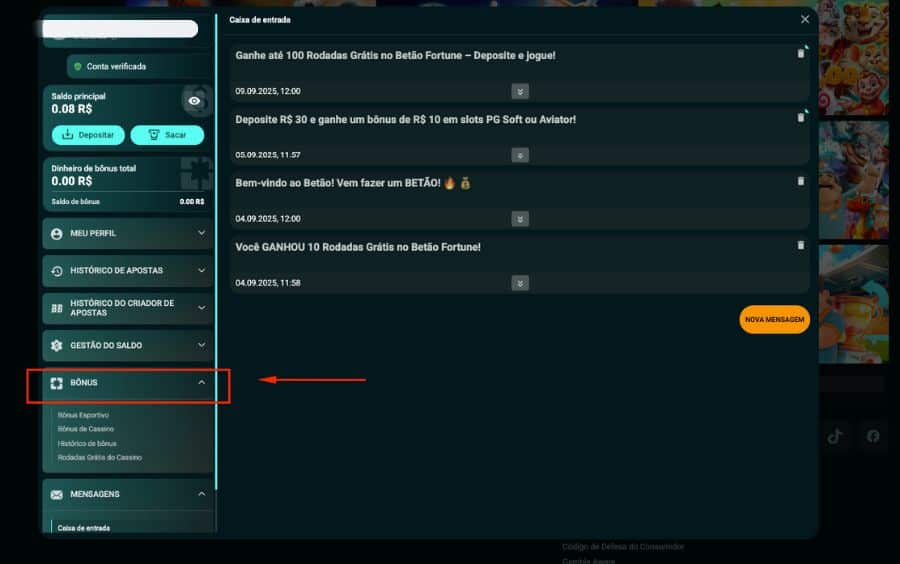 Interface da conta de usuário Betão Bet, com o menu 'Bônus' à esquerda e a 'Caixa de entrada' à direita, exibindo mensagens sobre bônus de depósito e rodadas grátis recebidas.