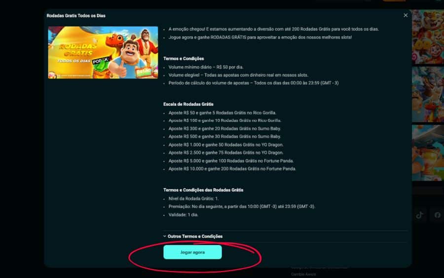 Detalhes da promoção Rodadas Grátis Todos os Dias na Betão Bet, com a lista de Termos e Condições e a Escala de Rodadas Grátátis por valor apostado.