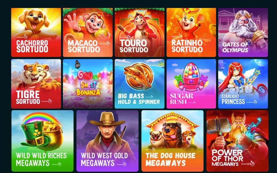 Galeria de jogos de caça-níqueis do cassino Betão Bet, destacando uma variedade de slots populares, incluindo Big Bass Splash, Gates of Olympus e Sweet Bonanza, da provedora Pragmatic Play.