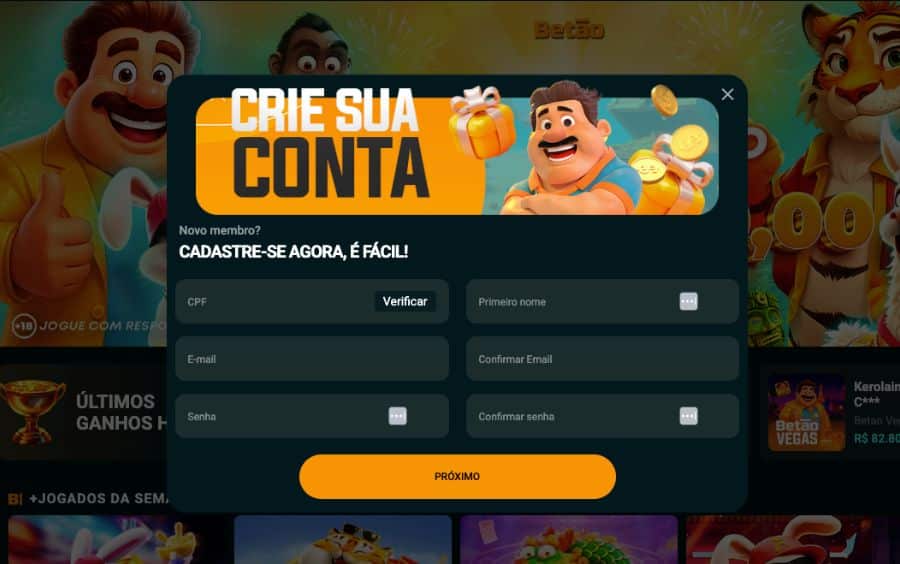 Captura de tela da primeira parte do formulário de cadastro da Betão Bet, solicitando CPF, primeiro nome, e-mail e senha. O título da janela é 'Crie sua Conta