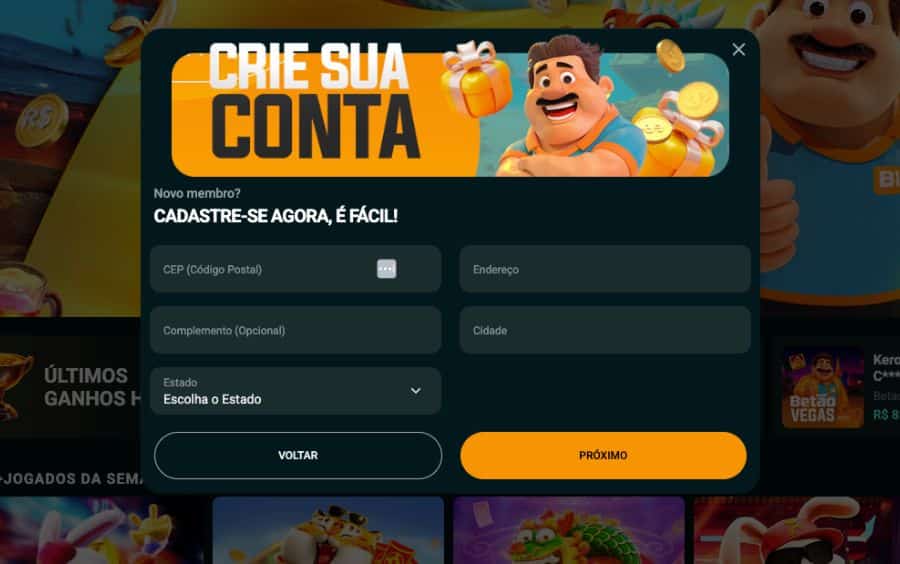 Captura de tela da segunda parte do formulário de cadastro da Betão Bet, pedindo CEP, endereço, complemento, cidade e estado. O título da janela é 'Crie sua Conta