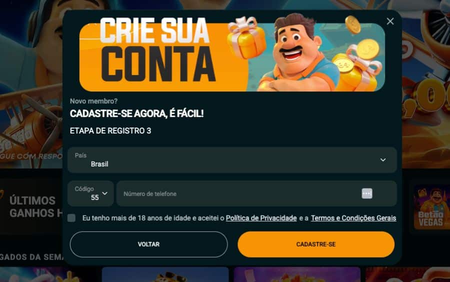 Captura de tela da ultima parte do formulário de cadastro da Betão Bet, com pais e codigo postal