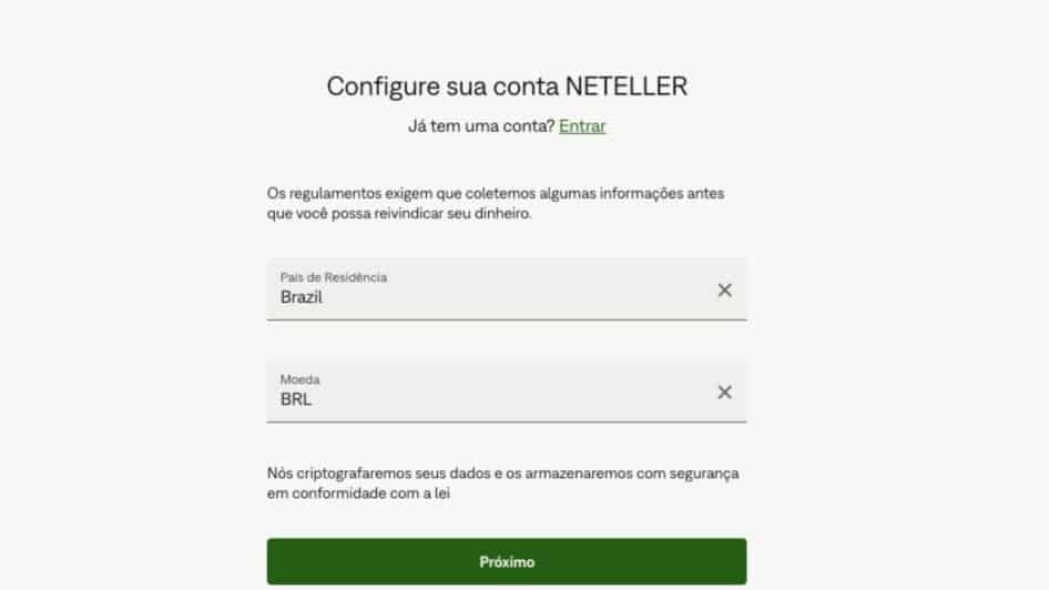 Configuração inicial da conta Neteller em reais para depósitos em cassinos online brasileiros