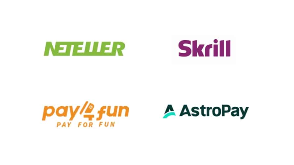 Logos das principais carteiras digitais: Neteller, Skrill, Pay4Fun e AstroPay, mostrando opções para depositar dinheiro em cassinos online.