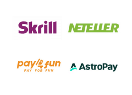 Logos de carteiras digitais: Skrill, Neteller, Pay4Fun e AstroPay, usados para depositar com Skrill em cassino online e outros métodos de pagamento no Brasil.