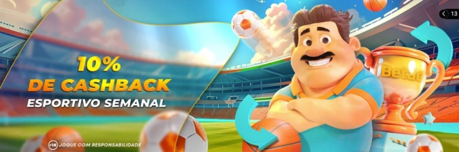 "Banner do reembolso esportivo semanal da Betão Bet, oferecendo 10% de volta na forma de aposta grátis para apostas esportivas.
