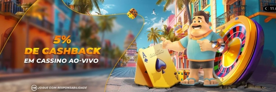 Banner promocional do cashback semanal de 5% da Betão Bet, válido para jogos de cassino ao vivo como roleta e blackjack com dealers reais.