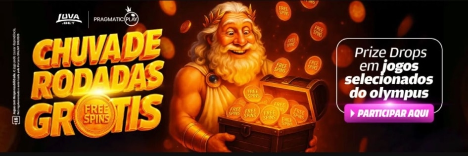 Banner da promoção 'Chuva de Rodadas Grátis' da Luva Bet, com uma figura mitológica segurando um baú de tesouro e o logo da Pragmatic Play.