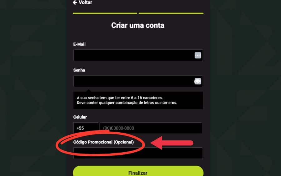 Tela de cadastro da F12.bet, destacando o campo opcional "Código Promocional" onde o usuário pode inserir um código antes de finalizar o registro.