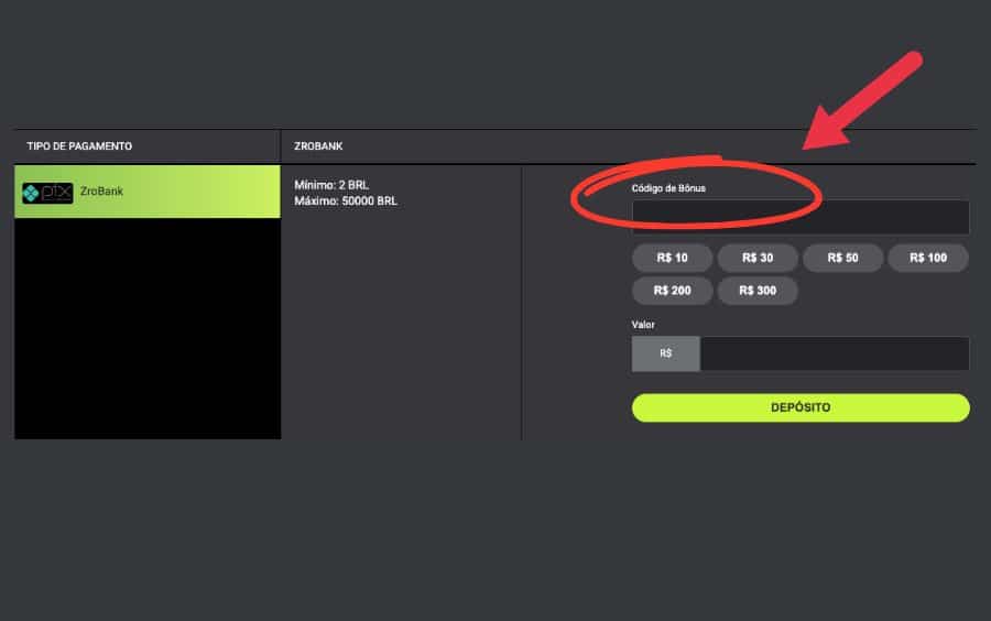 Página de depósito da F12.bet, mostrando o campo "Código de Bônus" onde um código promocional pode ser ativado antes de efetuar o pagamento.