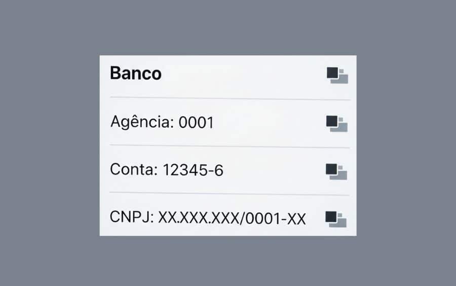 Exemplo de tela exibindo agência, conta e CNPJ do cassino para realizar o depósito via TED. Parte do processo em Cassinos com Transferência Bancária no Brasil.