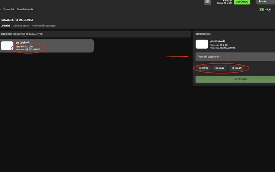 Página de depósito da Luva Bet mostrando a opção de pagamento via Pix, o campo para inserir o valor do pagamento e os limites mínimo e máximo.