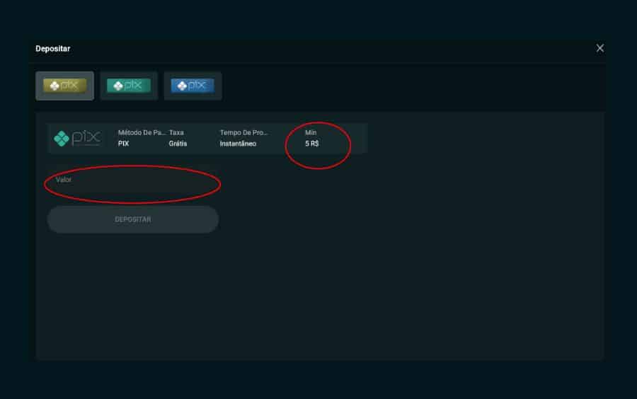 Tela de depósito da Betão, mostrando o método de pagamento Pix selecionado, com círculos vermelhos destacando o campo para inserir o 'Valor' e a informação de depósito 'Mín 5 R$'.