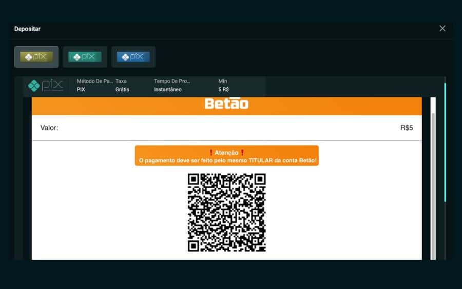 Tela final de depósito via Pix na Betão bet, exibindo o código QR para pagamento e uma mensagem de atenção em destaque que alerta: 'O pagamento deve ser feito pelo mesmo TITULAR da conta Betão!