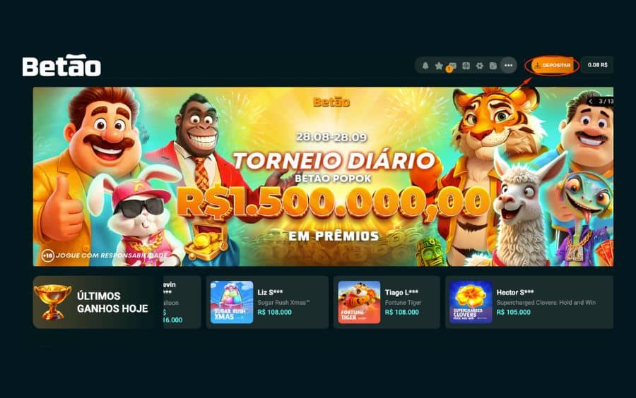 Captura de tela da página inicial da plataforma Betão, com uma seta vermelha indicando o botão laranja 'DEPOSITAR' no canto superior direito da tela.