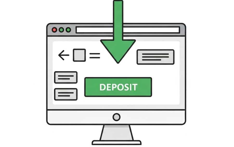 Ícone de tela de computador com seta apontando para o botão 'Depósito', ilustrando o processo de fazer um depósito de cartão pré-pago em cassinos online