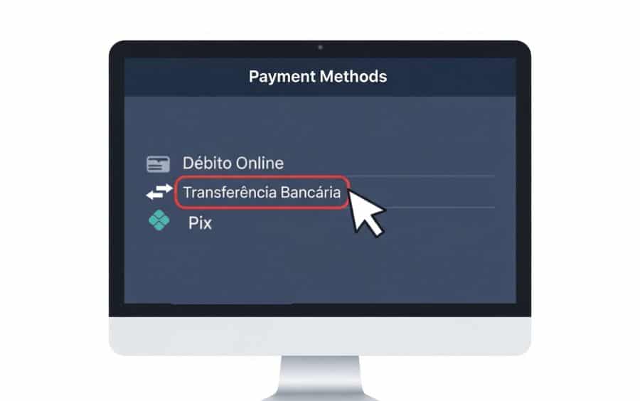 Menu de métodos de pagamento mostrando a opção de transferência bancária selecionada. Passo essencial em Cassinos com Transferência Bancária no Brasil.