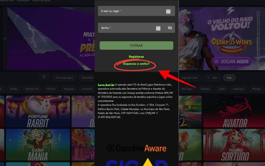 Tela de login do site Luva Bet, com uma seta vermelha apontando para a opção 'Esqueceu a senha?', que serve para a recuperação de conta.