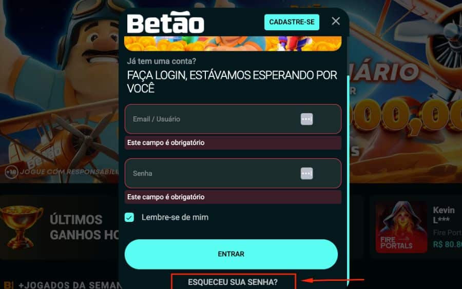 Janela de login da Betão Bet, mostrando os campos esqueceu senha para mudar a senha da conta.
