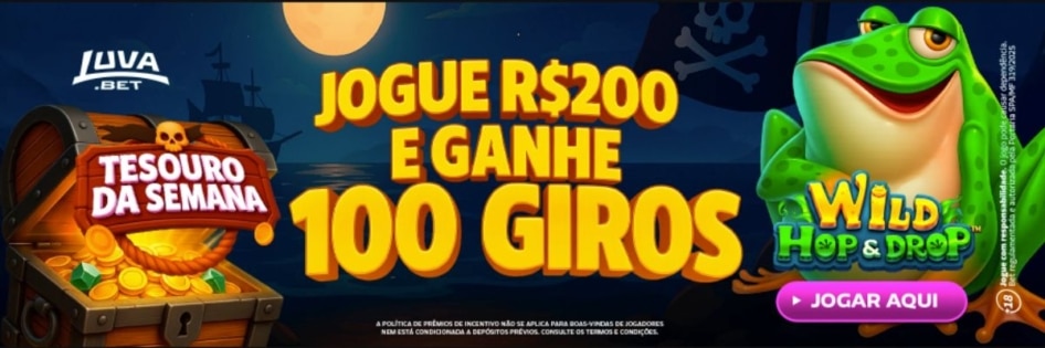 Banner promocional da Luva Bet com a chamada 'Jogue R$200 e Ganhe 100 Giros', ilustrado com personagens de jogos de slot.