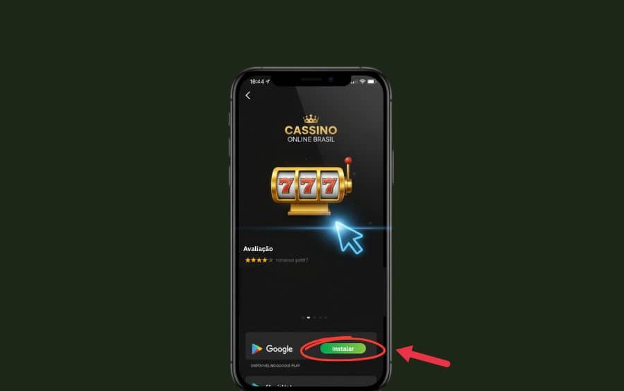 Celular de frente mostrando a página do aplicativo 'Cassino Online Brasil' na Google Play Store. Um cursor de seta azul destaca o botão verde 'Instalar' para baixar o aplicativo.