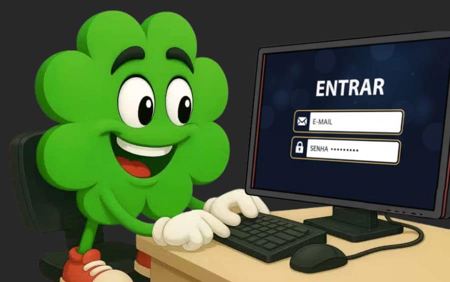 Mascote de trevo verde sorrindo em frente a um computador, que exibe a tela de login de um cassino online com os campos para E-MAIL e SENHA.