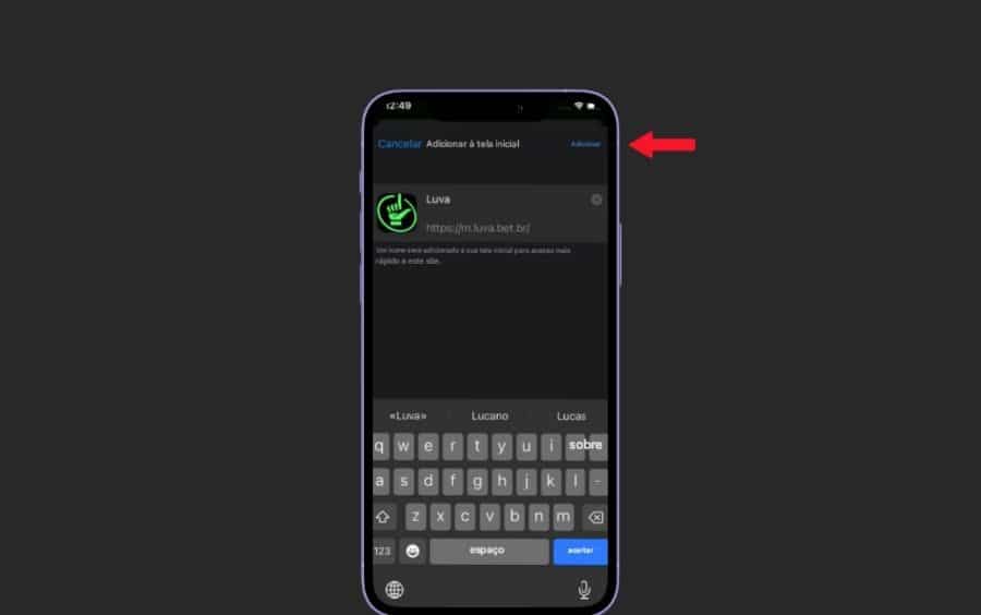 Tela de confirmação do iOS para adicionar o atalho da Luva Bet, com uma seta indicando o botão "Adicionar" no canto superior direito.