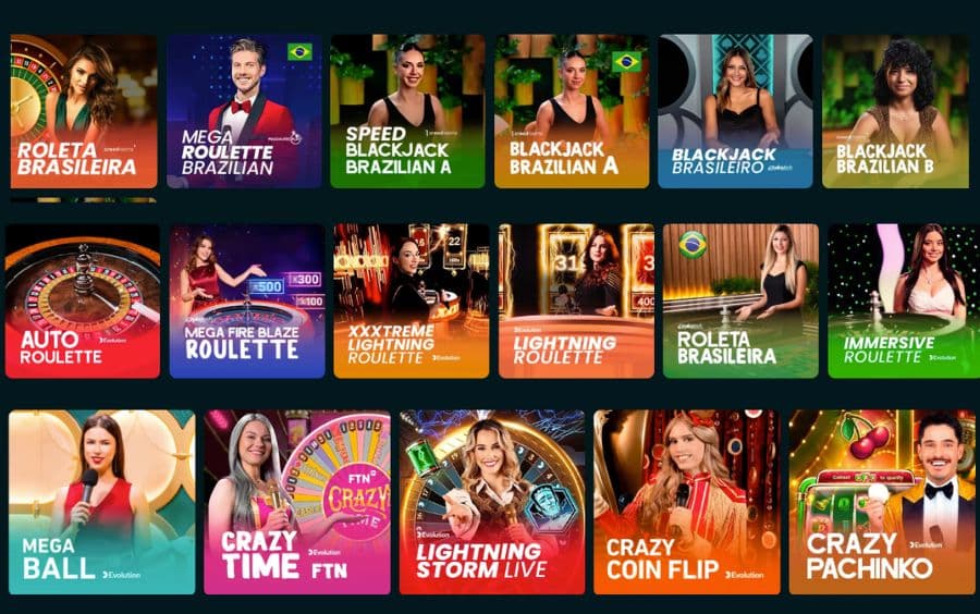 "Lobby do cassino ao vivo da Betão Bet, exibindo diversas mesas com dealers reais, incluindo várias opções em português como 'Roleta Brasileira' e 'Blackjack Brazilian', além de jogos populares como 'Lightning Roulette' e 'Football Roulette'