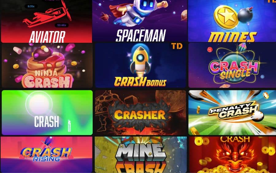 Seleção de jogos crash, incluindo títulos como Ninja Crash e Penalty Crash.
