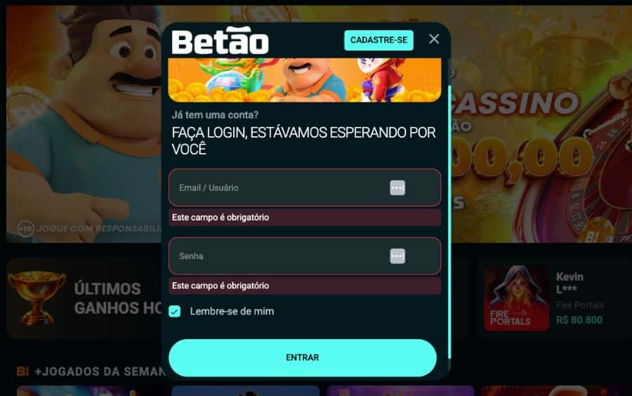 Janela de login da Betão Bet, mostrando os campos para inserir o e-mail ou nome de usuário e a senha para acessar a conta.