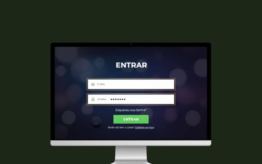 Tela de login de um cassino online exibindo os campos "E-MAIL" e "SENHA" preenchidos, prontos para o usuário clicar no botão "ENTRAR" e acessar sua conta.