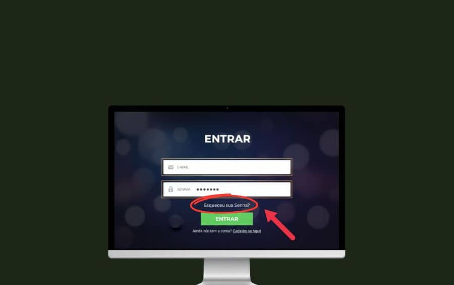 Tela de login de um cassino online, destacando o link "Esqueceu sua senha?" e a interface para inserir o e-mail e enviar as instruções de recuperação de senha.