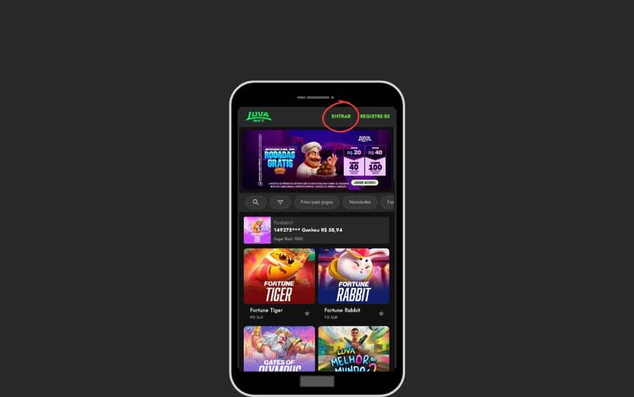 Página inicial do site Luva Bet com uma seta indicando o botão 'LOGIN' no canto superior direito para acessar a conta.