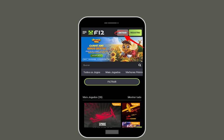 Tela inicial do site F12.bet vista em um celular, com o botão "ENTRAR" destacado no canto superior direito.