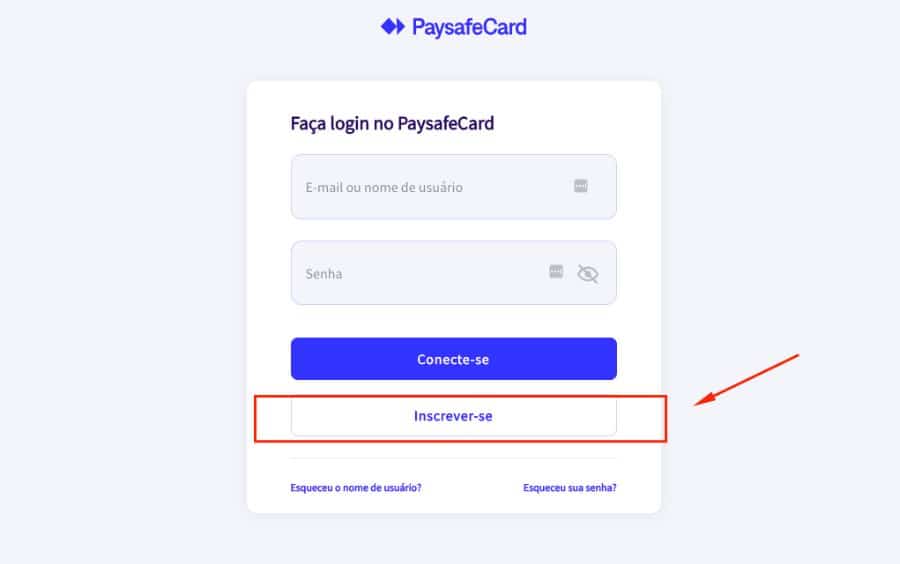 Tela inicial do cadastro myPaysafe mostrando seleção "inscrever-se".