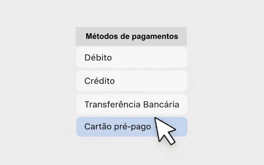 Cursor do mouse selecionando a opção 'Cartão pré-pago' em uma lista de métodos de pagamento (Débito, Crédito, Transferência Bancária), ilustrando a escolha de um cartão pré-pago em cassinos online.