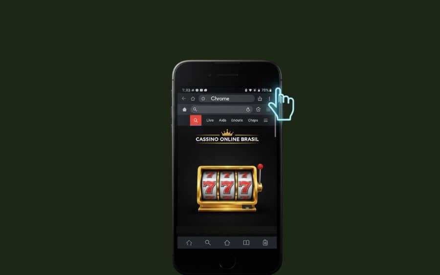 Captura de tela de um celular Android mostrando o site 'Cassino Online Brasil' no navegador Chrome e o menu de três pontinhos (⋮) aberto no canto superior direito, com um cursor de mouse azul apontando para ele.