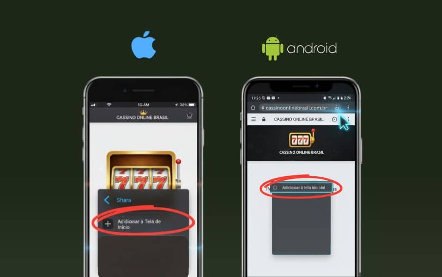 Captura de tela de um iPhone mostrando o site 'Cassino Online Brasil' e o menu de compartilhamento do Safari e Captura de tela de um celular Android mostrando o site 'Cassino Online Brasil' no navegador Chrome, com a opção 'Adicionar à Tela de Início' e 'Adicionar à tela inicial' destacada com um circulo vermelho.