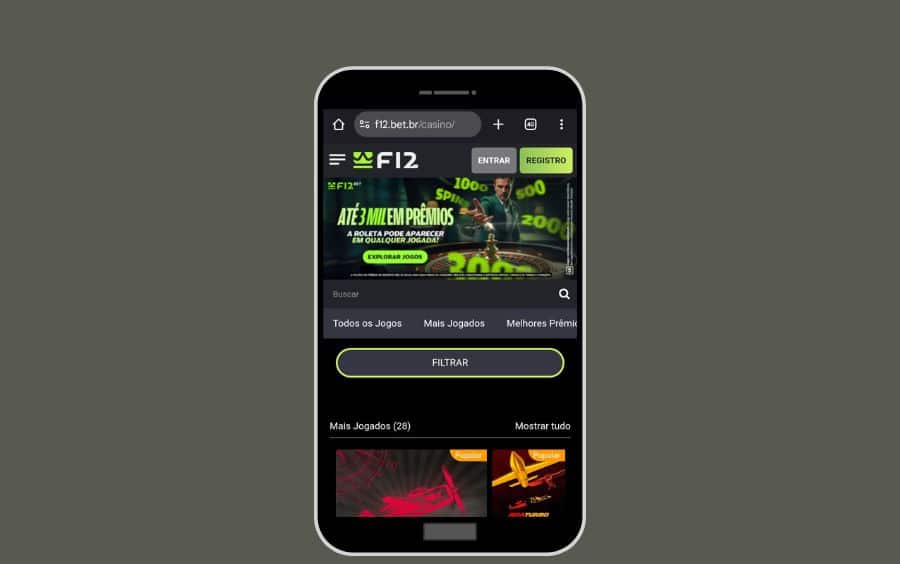 Tela do navegador Chrome no Android, com o site oficial da F12.bet