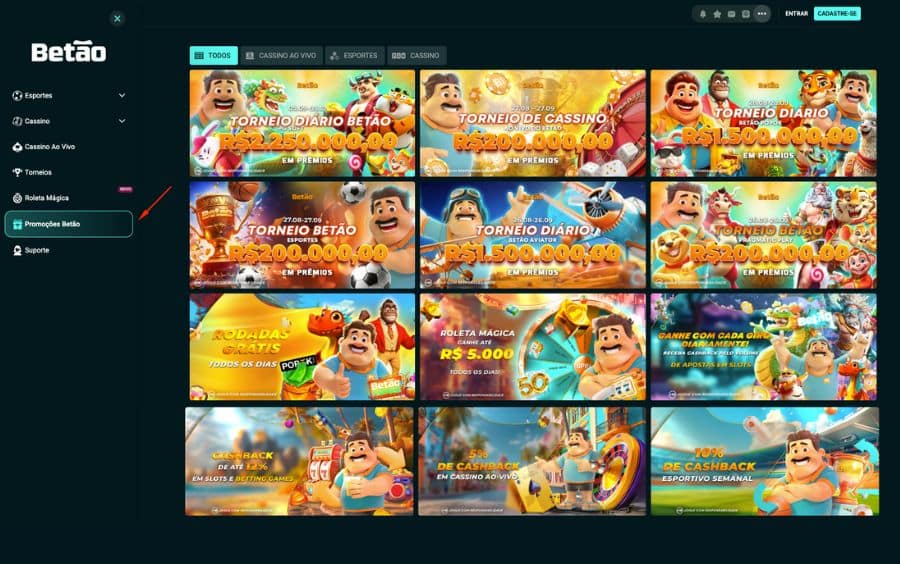 Página de promoções da Betão Bet exibindo diversas ofertas de bônus em formato de grade, como torneios, rodadas grátis e cashback.