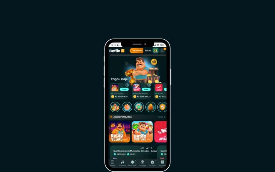 Tela inicial do aplicativo Betão Bet em um celular, exibindo o menu principal, a seção de 'Jogos Populares' com ícones de jogos, e a barra de navegação inferior com as opções de Cassino, Ao Vivo e Apostas.