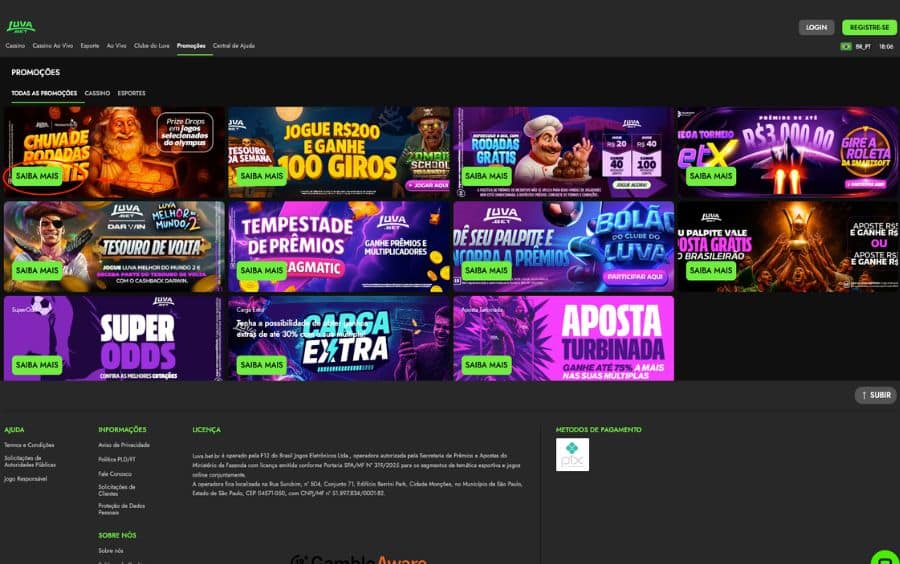 Página de promoções da Luva Bet mostrando os diversos banners de bônus disponíveis, como 'Chuva de Rodadas Grátis' e 'Aposta Turbinada'.