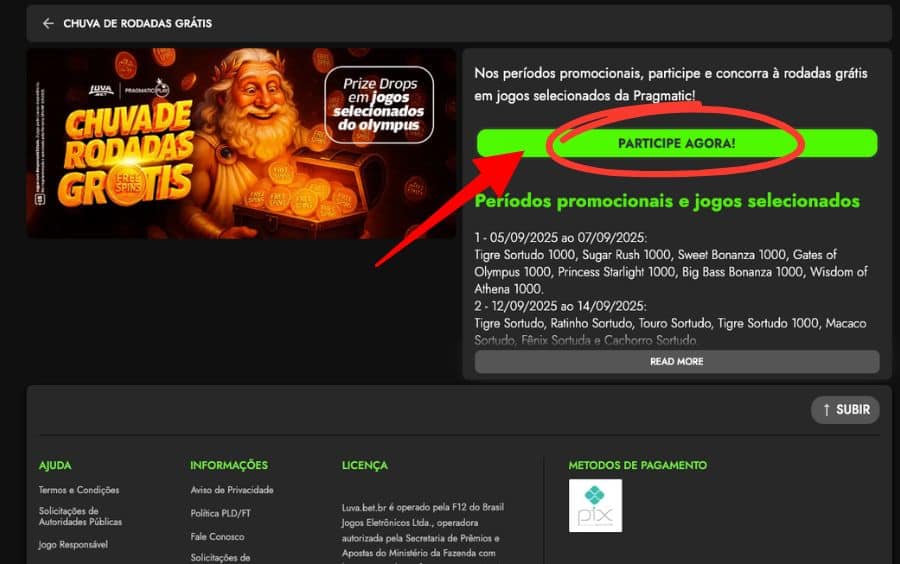 Página de detalhes da promoção 'Chuva de Rodadas Grátis' na Luva Bet, com o botão 'PARTICIPE AGORA!' destacado.